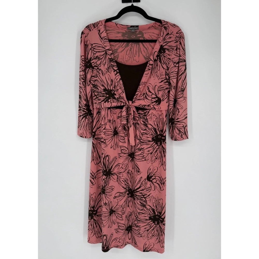APT 9 Stretch Dress Womens Medium Pink Brown Floral Faux Wrap Midi Cottagecore